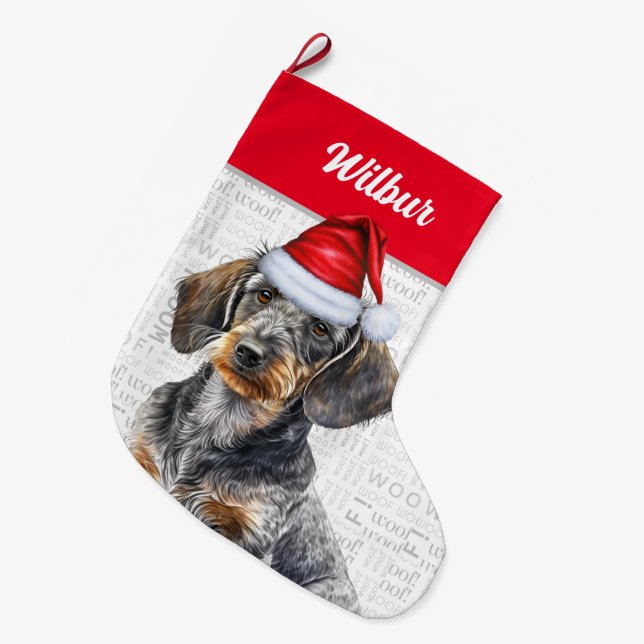Christmas Wire Hair Dachshund Santa Dog's Name Large Christmas Stocking (Front (Hanging))
