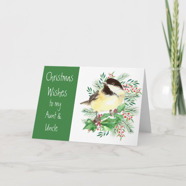 Christmas Wishes  Chickadee Bird Aunt Uncle Holiday Card (Front)
