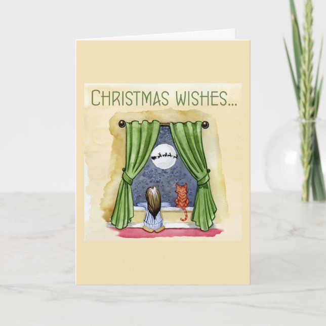 Christmas Wishes Child & Kitty Cat Xmas Card (Front)