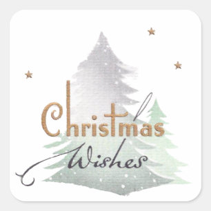 Christmas Wishes Evergreen Tree Stars Gold Border Square Sticker
