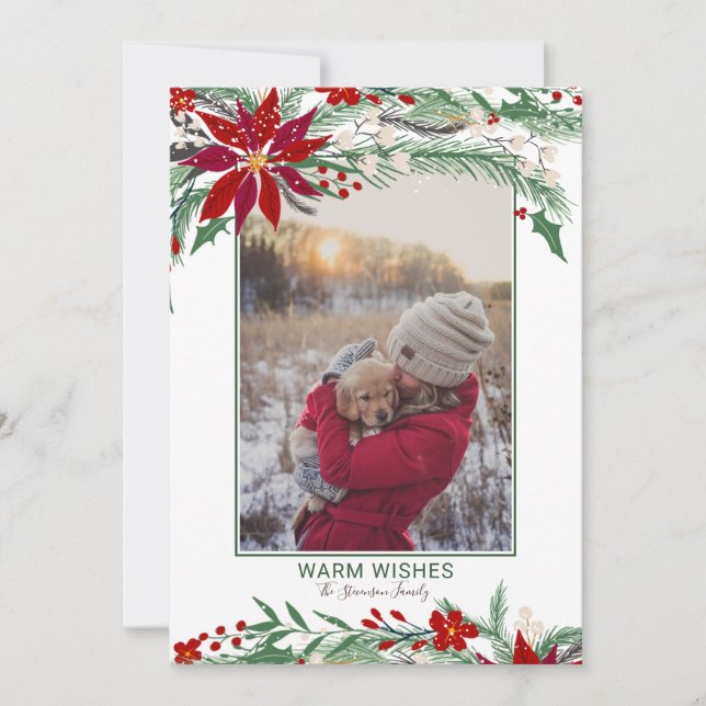 Christmas wishes floral wreath snow photo holiday card (Front)