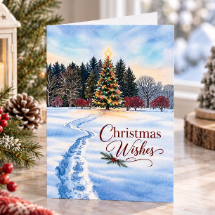 Christmas Wishes Glowing Tree Winter Landscape Holiday Card