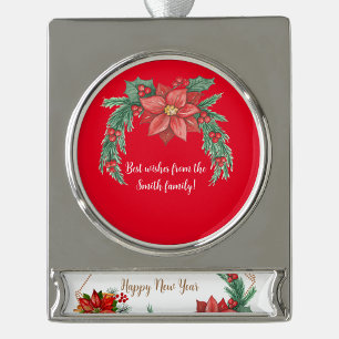CHRISTMAS WISHES GOLDEN FRAME POINSETTIAS SILVER PLATED BANNER ORNAMENT