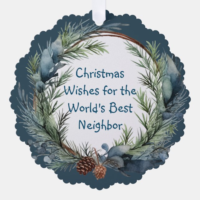 Christmas Wishes Greenery Wreath Neighbour Tree Decoration Card (Front)