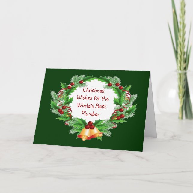 Christmas Wishes Holly Berry Wreath for Plumber Holiday Card (Front)