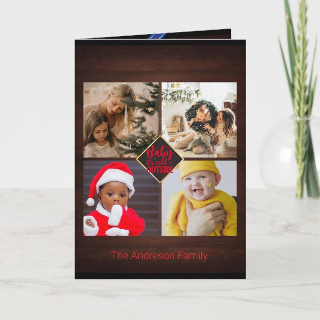 Christmas Wishes Lovely Wood Family Photo Collage Card (Front)