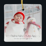 Christmas Wishes Newborn Kisses Baby Photo Stats Ceramic Ornament<br><div class="desc">Celebrate your new baby born during the holiday season to display on your tree and a keepsake in years to come. A whimsical set typography with heart and swashes for Chistmas Wishes Newborn Kisses is overlaid onto your photo, and easily personalise the rest of the text on both sides, which...</div>