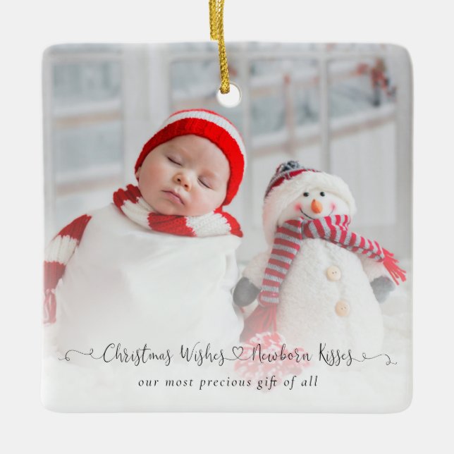 Christmas Wishes Newborn Kisses Baby Photo Stats Ceramic Ornament (Front)