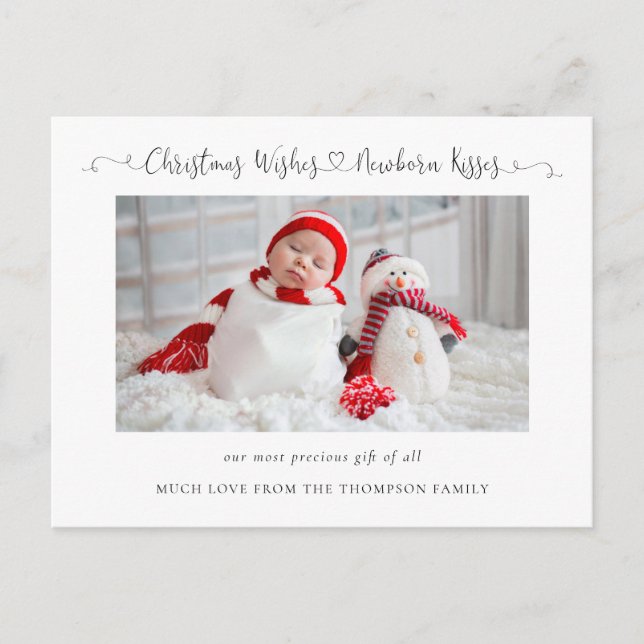 Christmas Wishes Newborn Kisses Baby Stats Photo Holiday Postcard (Front)