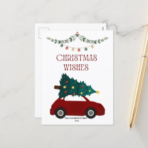 Christmas Wishes Red car and tree Holiday Postcard