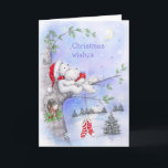 Christmas Wishes, Romantic Bear Couple on Tree Card<br><div class="desc">Cute bear couple cuddling and holding a Christmas present on tree watching moon and two socks hanging,  Christmas wishes</div>