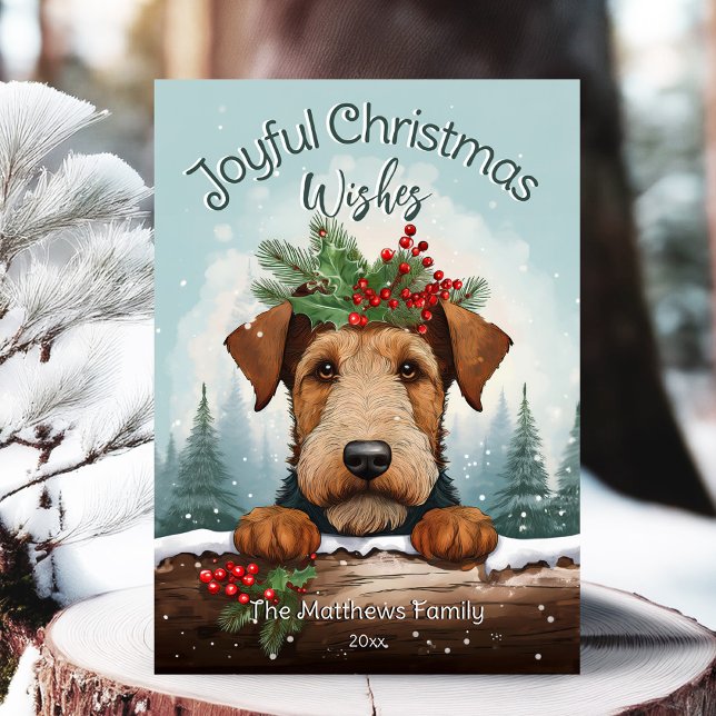 Christmas Wishes Winter Forest Airedale Terrier Holiday Card (Adorable Winter Snowy Scene With Peeking Dogs or Farm/Woodland Animals - Over 50 to Choose From!)