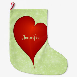 Christmas With Love Light Green Red Heart Name Large Christmas Stocking