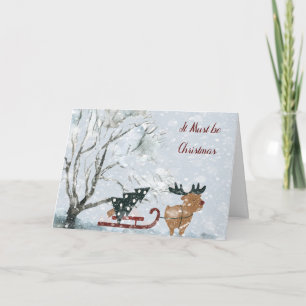 Christmas with Moose Pulling Christmas Tree Card