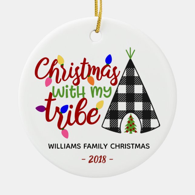 Christmas with My Tribe Personalised Family Gift Ceramic Tree Decoration (Front)