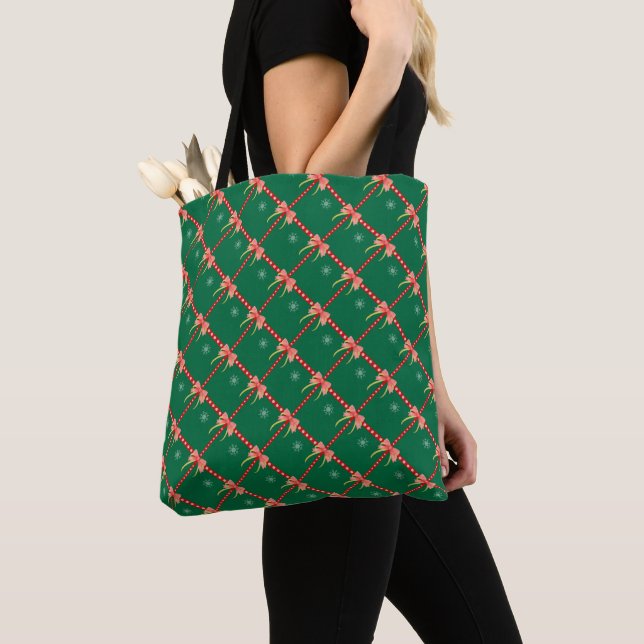 Christmas with Ribbon & Snowflake Pattern Tote Bag (Close Up)