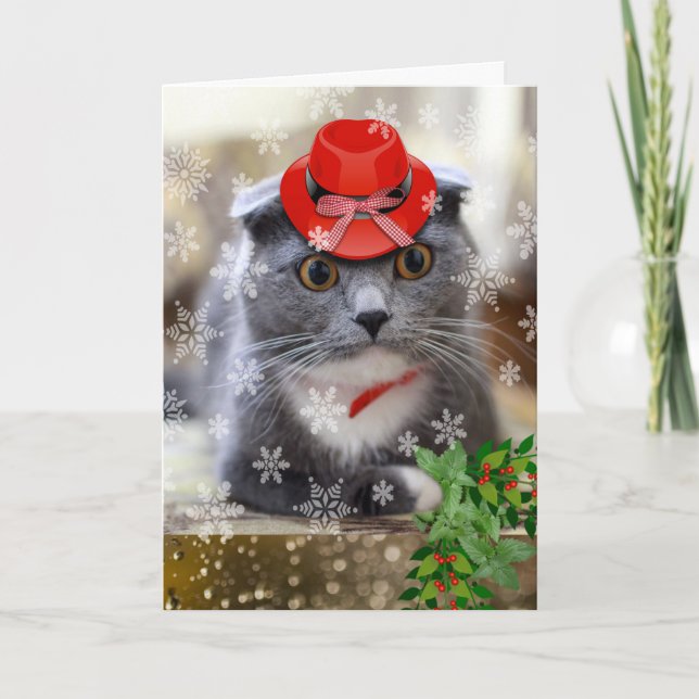 Christmas with Scottish Fold Cat in Red Hat Card (Front)