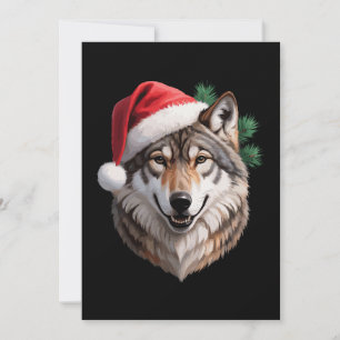 Christmas Wolf Santa Hat Pine Branches Holiday Invitation