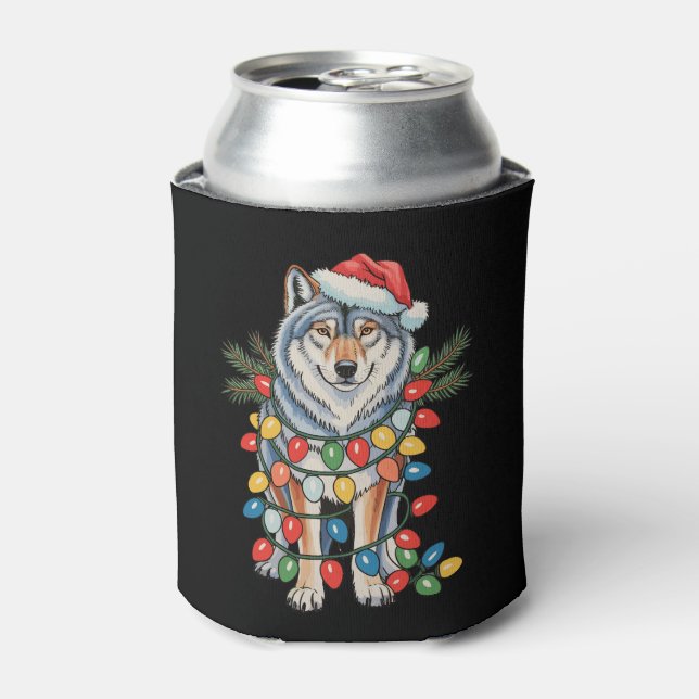 Christmas Wolf Santa Hat Xmas Lights Animal Lovers Can Cooler (Can Front)