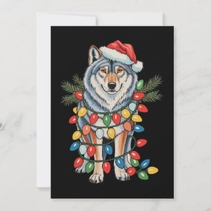 Christmas Wolf Santa Hat Xmas Lights Animal Lovers Holiday Card