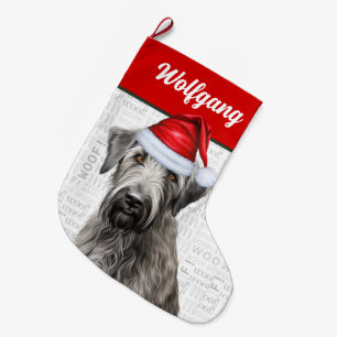 Christmas Wolfhound with Name Woof Background Large Christmas Stocking