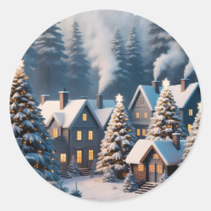 Christmas wonder village in  night forest classic round sticker
