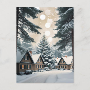 Christmas wonder village in night forest holiday postcard