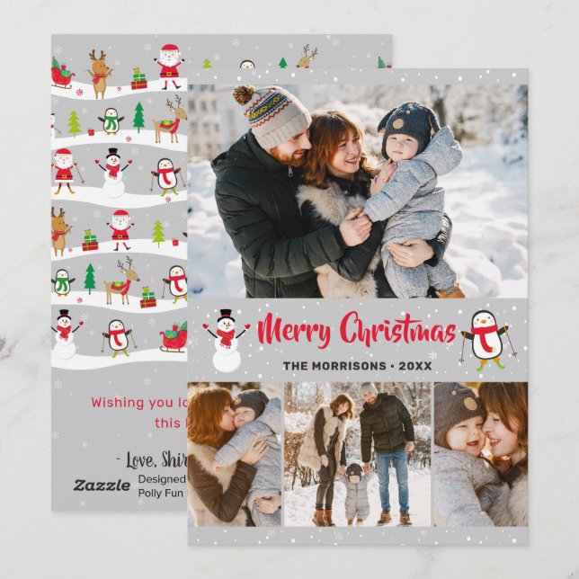 Christmas Wonderland Snowman Penguin 4 Photo Holiday Card (Front/Back)