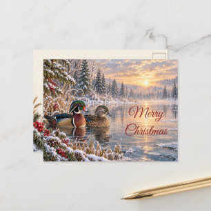 Christmas Wood Ducks Snowy Woodland Pond Holiday Postcard