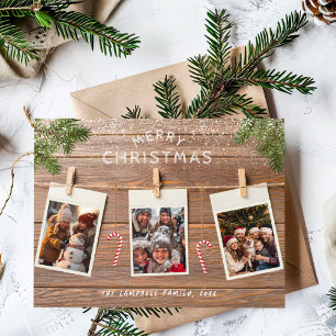 Christmas Wood Rustic Rope Photo Collage Holiday Card