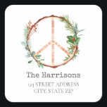 Christmas Wooden Peace Sign Address Square Sticker<br><div class="desc">Illustration of wooden peace sign decorated with Christmas botanical designs such as holly berries,  evergreen,  and mistletoe.  Personalise with name and address.</div>