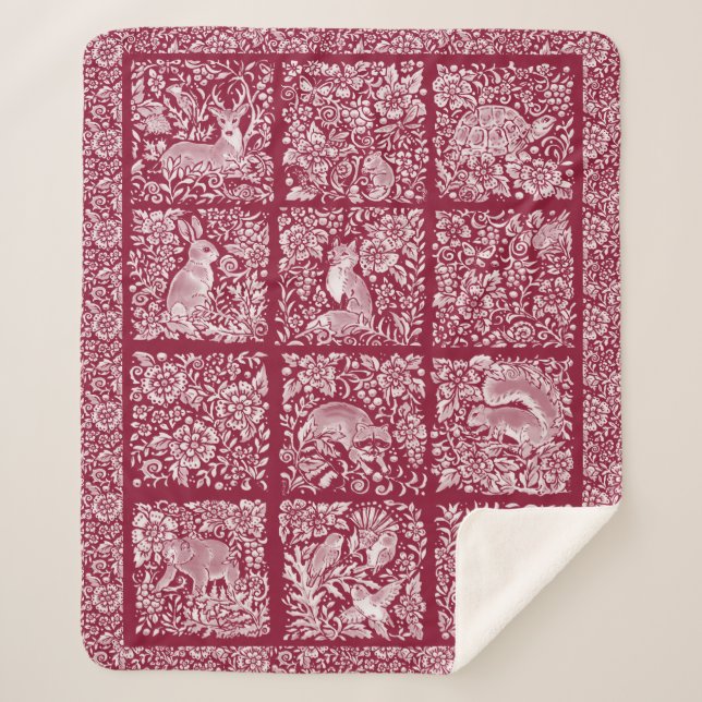 Christmas Woodland Animal Burgundy Deer Fox Rabbit Sherpa Blanket (Front)