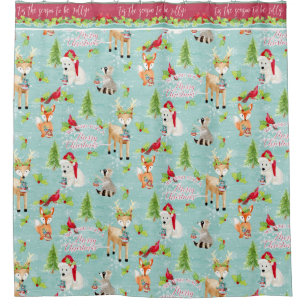 Christmas Woodland Animals Fox Deer Racoon Bear Shower Curtain