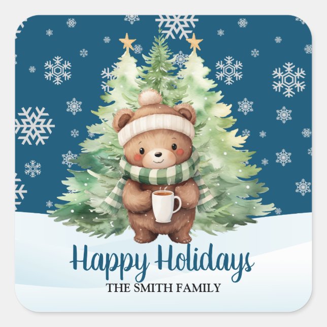CHRISTMAS WOODLAND BEAR SQUARE STICKER (Front)