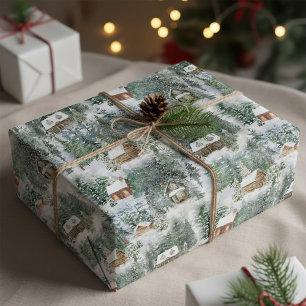 Christmas Woodland Cabins Watercolor Wrapping Paper
