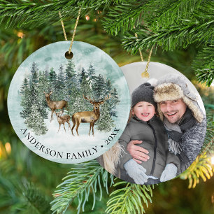 Christmas Woodland Deer Family Photo Ceramic Tree Decoration