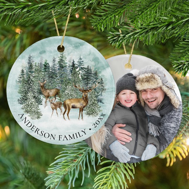 Christmas Woodland Deer Family Photo Ceramic Tree Decoration (Creator Uploaded)