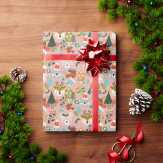 Christmas Woodland Festive Furry Friends Pink Wrapping Paper