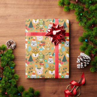Christmas Woodland Festive Furry Friends Yellow Wrapping Paper