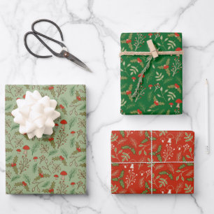 Christmas Woodlands Red, Pine, and Celadon Wrapping Paper Sheet