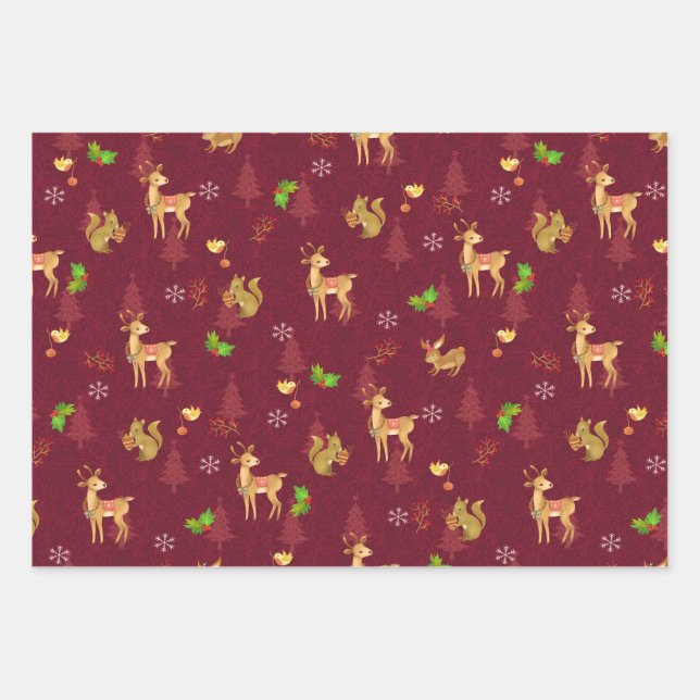 Christmas Woodlands Wrapping Paper Flat Wine (Front)