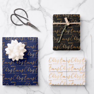 Christmas Word Art on Navy Blue, Black and White Wrapping Paper Sheet