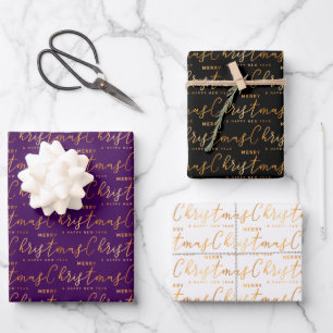 Christmas Word Art on Purple, Black and White Wrapping Paper Sheet
