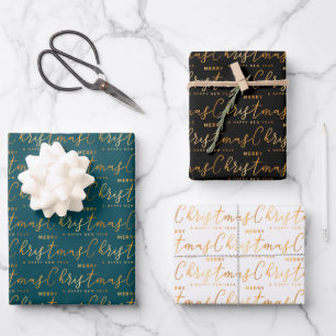 Christmas Word Art on Teal, Black and White Wrapping Paper Sheet