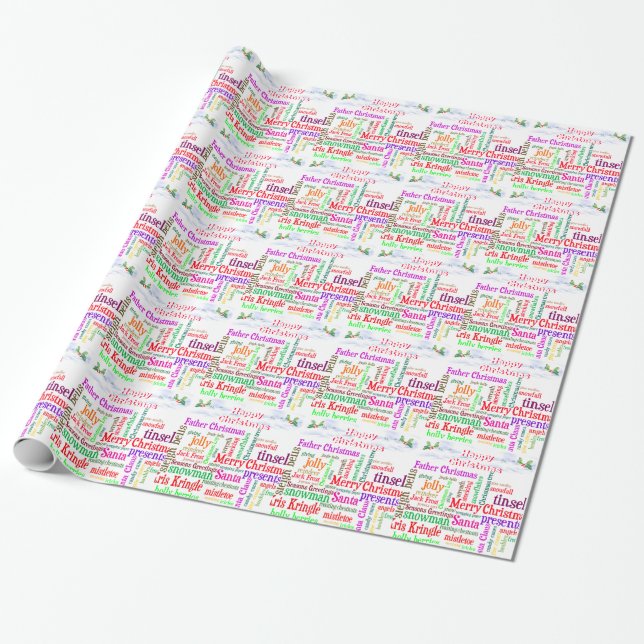 Christmas word collage and snowscene with message wrapping paper (Unrolled)