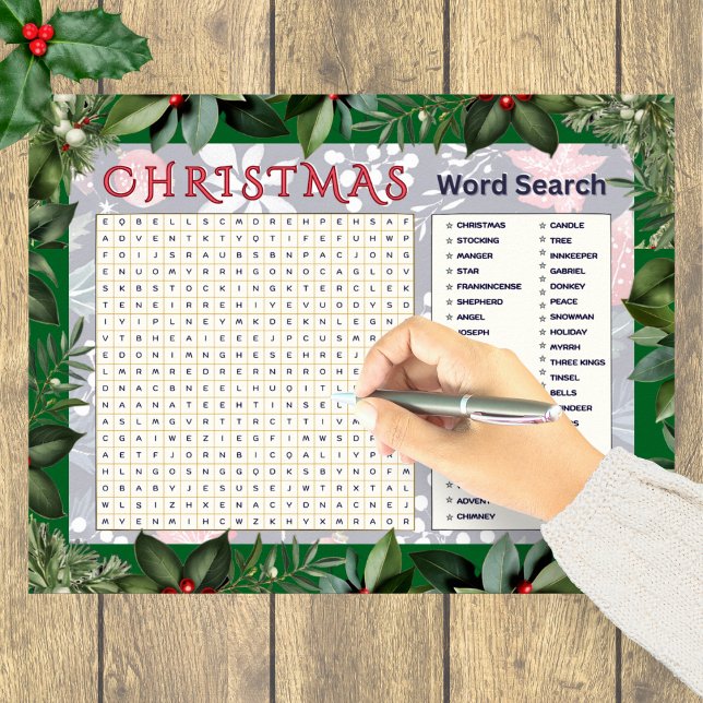 Christmas Word Search Puzzle Festive Activity Poster (A festive Christmas word search poster with greenery border)