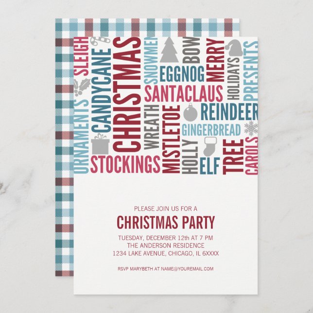Christmas Words Holiday Party Invitation (Front/Back)