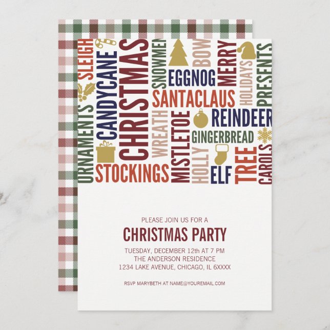 Christmas Words Holiday Party Invitation (Front/Back)