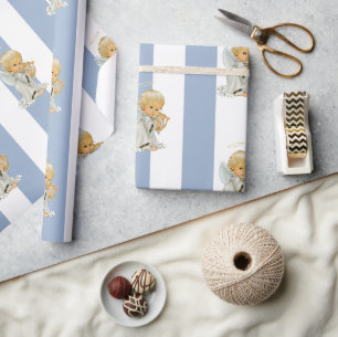 Christmas Wrapping Blue & White Stripe Angel Baby Paper