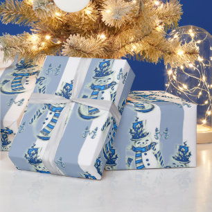 Christmas Wrapping Blue & White Stripe Snowman Paper